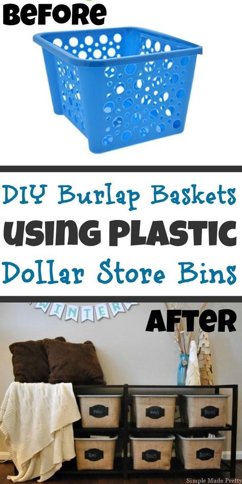 Find out how I made these DIY Burlap Baskets using Plastic Dollar Store Bins! DIY, Dollar Tree bins, Dollar store bins, Dollar Store DIY, Do it yourself burlap baskets, burlap baskets Dollar Tree Storage Bins, Dollar Store Bins, Dollar Tree Storage, Fabric Diy Projects, Dollar Tree Organization, Diy Projektit, Dollar Store Hacks, Diy Burlap, Basket Uses