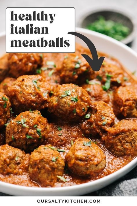 Truly authentic healthy Italian meatballs just like your Nonna makes, just without the bread crumbs or fillers! These grain free meatballs are made with ground beef and pork, lots of fresh herbs, and absolutely no filler. They're pan seared then simmered in marinara sauce for authentic texture - you won't be able to tell the difference! Kid friendly and grandma approved, these meatballs are keto, grain and gluten free, and a total lifesaver on a Whole30. #meatballs #whole30 #lowcarb Healthy Meatball Sauce, Whole30 Meatballs, Whole 30 Meatballs, Chicken Meatballs Healthy, Ground Chicken Meatballs, Healthy Meatballs, Ground Beef Meatballs, Italian Style Meatballs, Gluten Free Meatballs