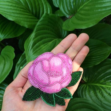 Beaded flower (peony) brooch Peony pin Handmade jewellery, bead embroidery, beadwork Embroidered Peony, Embroidered Peonies, Elegant Handmade Pink Brooches, Beaded Peony, Beaded Poppies Brooch, Tambour Embroidery, Beadable Products, Native Beadwork, Native Jewelry