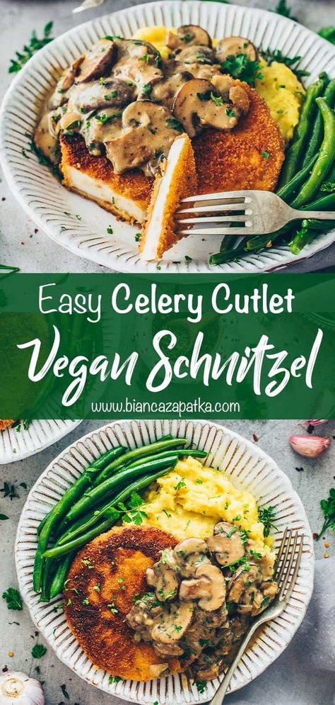 Celery Root Schnitzel (Vegan Steak) Celery Recipes Vegan, Traditional Schnitzel Recipe, Vegan Schnitzel, Vegemite Recipes, Vegetarian Steak, Celery Recipes, Schnitzel Recipes, Breaded Chicken Cutlets, Vegan Steak