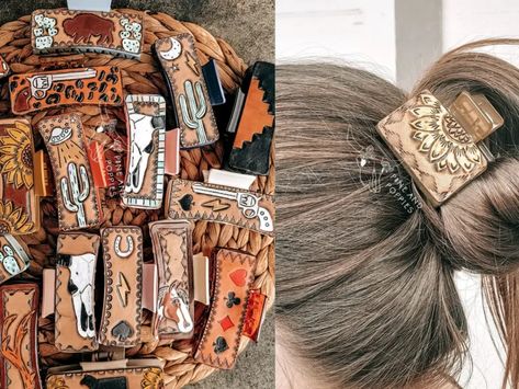 Leather Clips Hair, Western Leather Hair Clips, Cowhide Hair Clips, Leather Hair Clips Pattern, Tooled Hair Clip, Leather Hair Clips Diy, Western Hair Clips, Tooled Leather Hair Clips, Leather Hair Clips