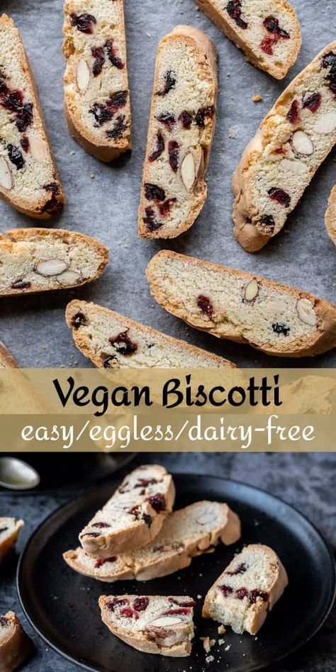 Vegan biscotti with almonds and cranberries - this vegan version of biscotti is just as delicious as the original and so easy to make! They are wonderful with a cup of coffee and keep for ages so make great Christmas gifts! #eggless #biscuits #cookies #vegan #veganbaking #vegancookies Biscotti Recipe Vegan, Vegan Biscotti Recipe Easy, Vegan Biscotti Recipe, Healthy Biscotti Recipe, Eggless Biscotti, Vegan Almond Cookies, Eggless Biscotti Recipe, Vegan Biscotti, Vegan Diner