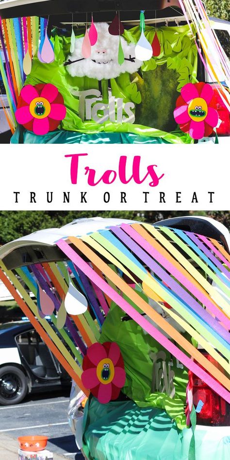 Trolls Trunk or Treat! The Poppy costume is the best part! | Halloween Decor | Home with the Hoovers | #trunkortreat #trolls #trollstrunkortreat #poppy #halloween #trickortreat #trollscostume #trollshalloween #homewiththehoovers Garden Trunk Or Treat Ideas, Rainbow Trunk Or Treat, Trolls Trunk Or Treat, Volunteer Board, Parking Lot Party, Poppy Costume, Halloween Car Decorations, Trunker Treat Ideas, Trunk Or Treat Ideas