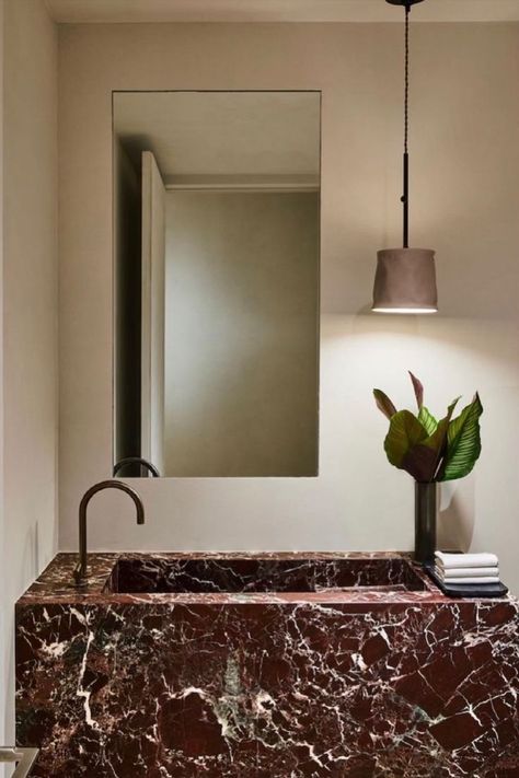 Our Rosso Levanto Marble looks beautiful in this design by Studio Lifestyle. This red stone with white veining offers a unique look to any design. Rosso Levanto Marble, Marble Interior Design, Marble Interior, Stone Interior, Red Marble, Italian Interior, Stone Bathroom, Bathroom Red, Marble Vanity