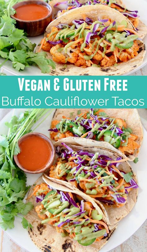 Gluten Free Tacos Recipes, Buffalo Cauliflower Tacos, Gluten Free Taco, Healthy Easy Recipe, Vegan Tacos Recipes, Vegan Buffalo Cauliflower, Gluten Free Tacos, Vegan Coleslaw, Carrot Slaw