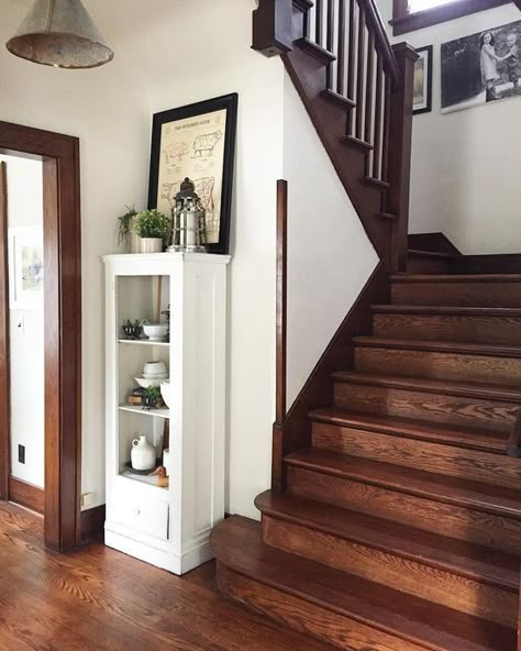 Dark Wood Trim, Oak Staircase, Stained Trim, Yellow Brick Home, Dark Trim, Antique Home, Foyer Decorating, Brick Home, Craftsmen Homes