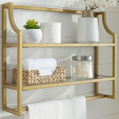 Crosley Furniture Aimee Wall Shelf in Gold | Nebraska Furniture Mart Gold Shelf, Gold Shelves, Luxury Storage, Modern Wall Shelf, Metal Wall Shelves, Bathroom Wall Shelves, Bathroom Storage Solutions, Salon Suites, Tempered Glass Shelves