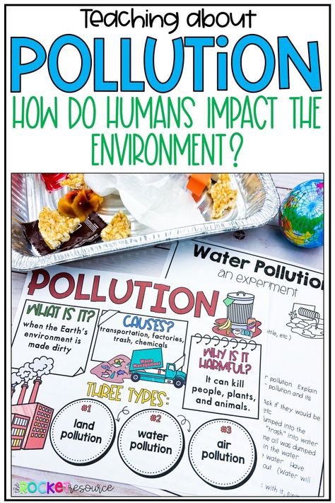 Earth Day is right around the corner, which has me thinking about all the important lessons I want to include in my Earth Day activities. Teaching about pollution, how humans impact the environment, and natural resources are at the top of my list. Human Impact On The Environment, Pollution Activities, Environment Activities, Environment Projects, Environment Facts, Environmental Technology, Third Grade Science, 5th Grade Science, Environmental Change