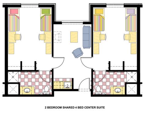 2-bedroom 4-bed center Dorm Planning, Modern Dorm Room, Dorm Room Setup, Dorm Layout, Micro Apartments, Dorm Room Layouts, Organize Life, Dormitory Room, Hostels Design