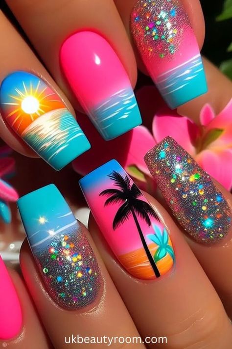 Cabo San Lucas Nail Ideas, Neon Vacation Nails, Tropical Nails, Colorful Nail Art, Colorful Nail, Fancy Nails Designs, Vibrant Nails, Vacation Nails, Bright Nails