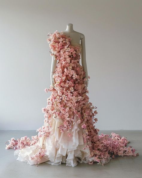 flower dresses made by @aidelycs & AI Flower Inspired Fashion, Cherry Blossom Fashion, Sustained Investigation, Cherry Blossom Dress, Botanical Fashion, Structural Fashion, Blossom Dress, Pattern Sketch, Digital Rendering