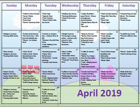 April 2019 Senior Activities Calendar - Love Laugh and Bingo Assistant Living Activities Ideas, April Activities For Adults, April Senior Activities, Activities Calendar For Seniors, Nursing Home Activities Calendar, Spring Activities For Seniors, May Activities For Seniors, April Activities For Seniors, Senior Activity Ideas