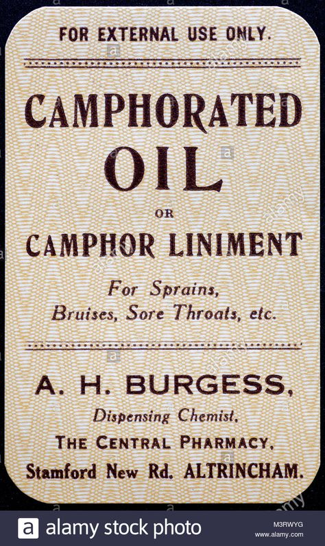 Download this stock image: Vintage Chemist labels for Medicine bottles 1950s - Camphorated Oil or Camphor Liniment - M3RWYG from Alamy's library of millions of high resolution stock photos, illustrations and vectors. Old Medicine Labels, Vintage Medicine Labels, 1800s Apothecary, Edgy Magazine, Vintage Medicine Bottle, Old Medicine Bottles, Vintage Medicine, Label Ideas, Apothecary Labels