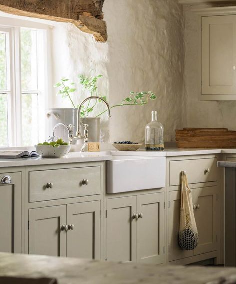 Shaker Cupboards, Rustic Cottage Kitchens, Big Farmhouse, Plank And Pillow, Taupe Kitchen, Mushroom Paint, Devol Kitchens, Country Kitchen Designs, Chrome Taps