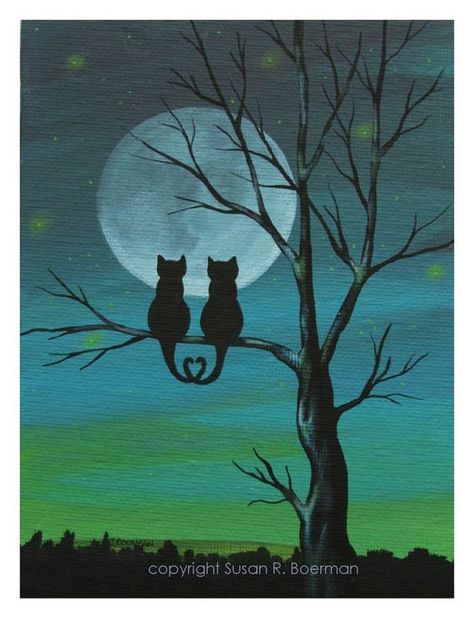 Cat Lovers Silhouette - Silhouetted Cats Sitting on Tree under a Full Moon Silhouette Painting, Hur Man Målar, Art Et Illustration, Tree Silhouette, Fashion Art Illustration, Beginner Painting, Art And Illustration, Cat Sitting, Cat Painting