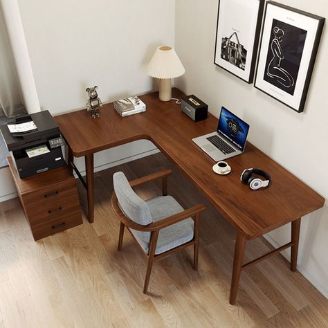 Corrigan Studio® 55.12*39.37" Nut-Brown Solid Wood L-shape Desk - Wayfair Canada Dark Wood Desk Office, Home Office L Shape, Desk L Shape, Dads Office, Hardwood Desk, Dark Wood Desk, Oregon House, Brooklyn House, Brown Desk