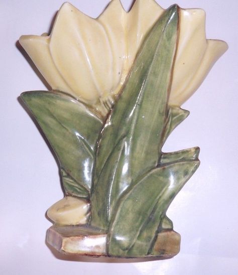 VINTAGE MCCOY ART POTTERY DOUBLE YELLOW TULIPS VASE PLANTER EASTER SPRING DECOR  picclick.com Mccoy Pottery Vases, Vintage Flower Pots, Tulip Vase, Tulips In Vase, Roseville Pottery, Mccoy Pottery, Vase Shapes, Yellow Tulips, Tulip Flower