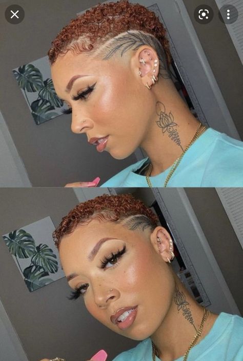 Cute Haircut For Black Women, Black Women Taper Fade Haircut, Dyed Fade Haircut Black Women, Faded Women Haircut, Womens Natural Fade Haircut, Fade Hairstyles For Black Women, Black Women Short Haircut Fade Designs, Female Fade Haircut Black Women Waves, Design Haircuts Women