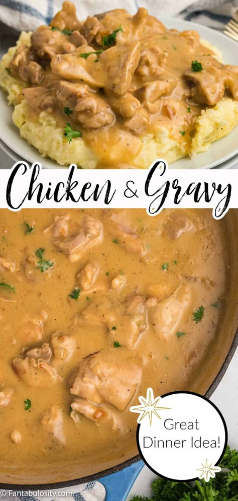 This chicken and gravy recipe is so great for an easy weeknight dinner! (Or weekend!) Simple ingredients, comfort food flavor and kid friendly! Chicken And Gravy Rotisserie, Chicken And Gravy Oven Baked, Recipes For Rotisserie Chicken Dinners, Cube Chicken Recipes Easy, Cream Of Chicken Soup Gravy, Chicken N Gravy Recipes, Rotisserie Chicken Gravy, Rotisserie Chicken And Gravy Recipes, Chicken Rice Gravy Recipes