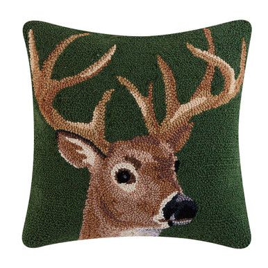 Add a touch of nature-inspired charm to your living space with the Wilderness Deer Hooked Pillow. This pillow features a beautiful deer design that will bring warmth and comfort to any room. 100% wool and poly velvet back with poly fill Hand-hooked wool 18"W x 18"L Spot clean Brown, white, black and green Rustic Bedding Sets, Cabin Pillows, Deer Pillow, Hooked Pillow, Hippie Homes, Kitchen Rugs And Mats, Forest Decor, Small Cushions, Hooked Wool