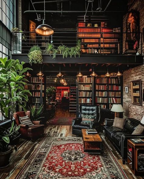 Industrial Mansion, Clawfoot Tub Ideas, Loft Library, Clawfoot Tubs, Cozy Library, Book Obsession, Eclectic Bathroom, Loft Industrial, Dark Home Decor