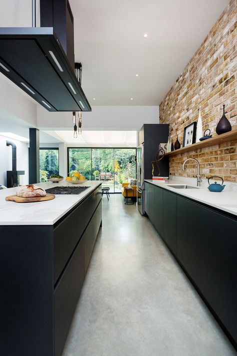 Kitchen Concrete Floor, Victorian Semi Detached House, Neutral Kitchen Colors, Polished Concrete Floor, Brick Feature Wall, Brick Kitchen, Neutral Kitchen, House Extension Design, Concrete Kitchen