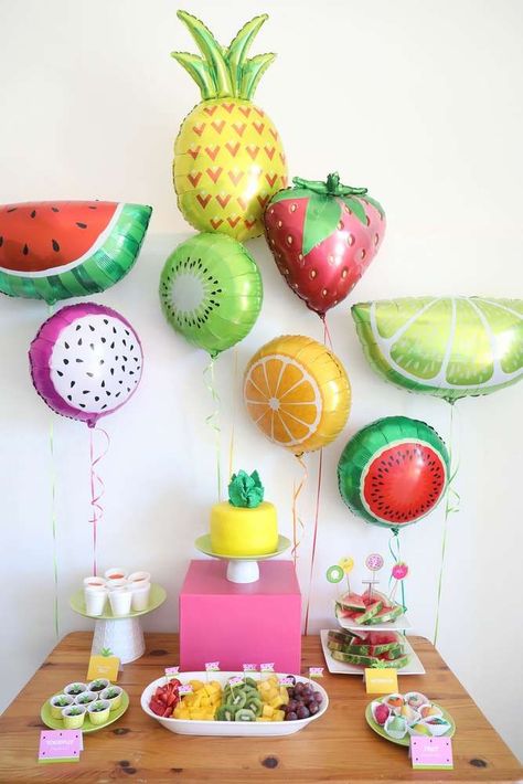 This Two-tti frutti birthday party is so bright and colorful! See more party ideas and share yours at CatchMyParty.com  #catchmyparty  #partyideas #fruit #tuttifrutti #tuttifruttibirthdayparty #girlbirthdayparty #desserttable Fruit Party Theme, Tutti Fruity Party, Tutti Frutti Birthday Party, Flamingo Animal, Tutti Frutti Party, Fruit Birthday Party, Animal Balloons, 2nd Birthday Party For Girl, Pineapple Birthday