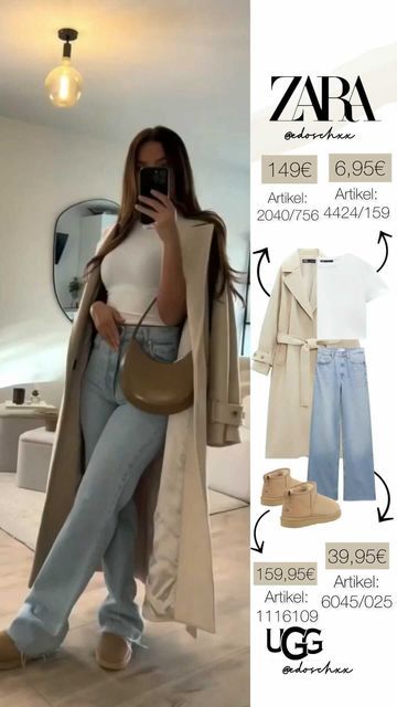 Welcome 🦋 on Instagram: "Anzeige | Outfit Details 👇🏽 • Mantel von Zara für 149€ Artikelnummer: 2040/756 • Oberteil von Zara für 6,95€ Artikelnummer: 4424/159 • Hose von Zara für 39,95€ Artikelnummer: 6045/025 • Boots von Ugg für 159,95€ Artikelnummer: 1116109 🤍🏹" Zara Coats Women Outfit, Zara Inspo Outfit, Zara Classy Outfit, Fall Outfits Zara, Fall Outfits Coat, Beige Mantel Outfit, Ugg Boots Outfit Aesthetic, Zara Women Outfits, Zara Outfit Women