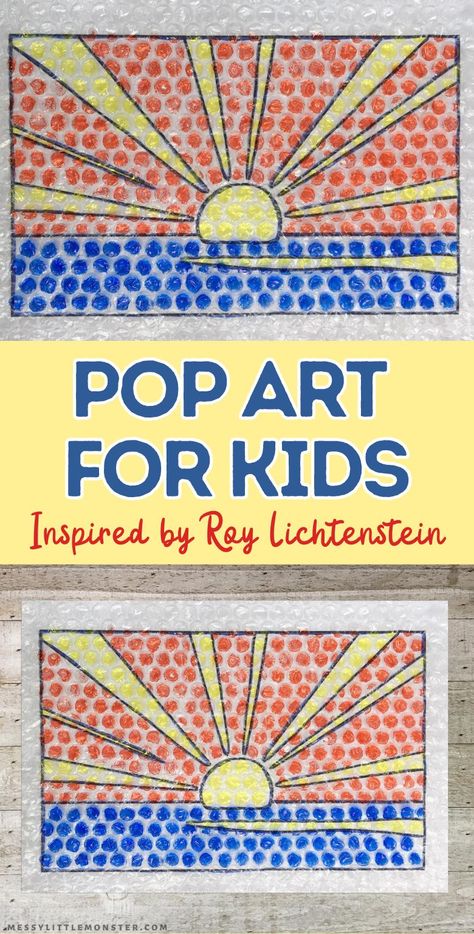 Roy Lichtenstein Sunrise, Pop Art For Kindergarten, Pop Art Art Projects, Pop Art Lessons For Elementary, Jen Stark Drip Art Lesson, Art Club Ideas, Pop Art Ideas, Pop Art Inspiration, Pop Art Lichtenstein