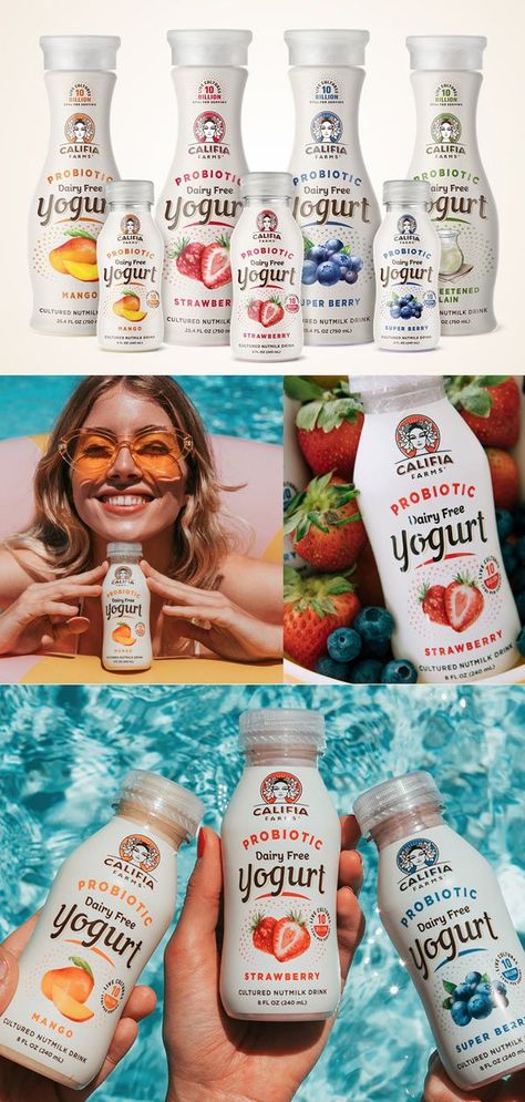 Awesome branding work for Califia Probiotic Yogurts by farm design.  Farm Design to create a packaging system that clearly communicates the unique brand proposition of their product. Califia’s Probiotic Dairy-Free Yogurt packaging design stays true to the simple, premium and sophisticated essence of the brand, highlighting the integrity of the natural ingredients through hand-drawn illustrations. #branding #design #itsmesimon #packaging Yoghurt Drink Packaging, Drinking Yogurt Packaging Design, Yogurt Drink Packaging, Probiotic Packaging Design, Yoghurt Packaging Design, Dairy Farm Design, Yogurt Branding, Yogurt Design, Yogurt Packaging Design