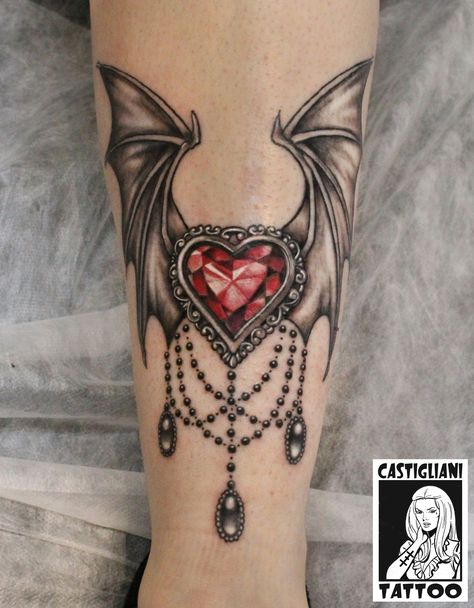 Heart Tattoo Vintage, Vampire Bat Tattoo Gothic, Easy Gothic Tattoos, Halloween Heart Tattoo, Gothic Vampire Tattoo, Vampire Heart Tattoo, Heart With Bat Wings Tattoo, Gothic Arm Tattoos For Women, Vampire Tattoo For Women