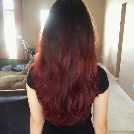 Brown Into Red Ombre, Red Hair Ombre Brown, Ombre Dark Red Hair, Red Faded Hair, Red Ends Hair, Black Hair With Red Ends, Red Ends On Brown Hair, Brown To Red Ombre Hair, Red Burgandy Hair