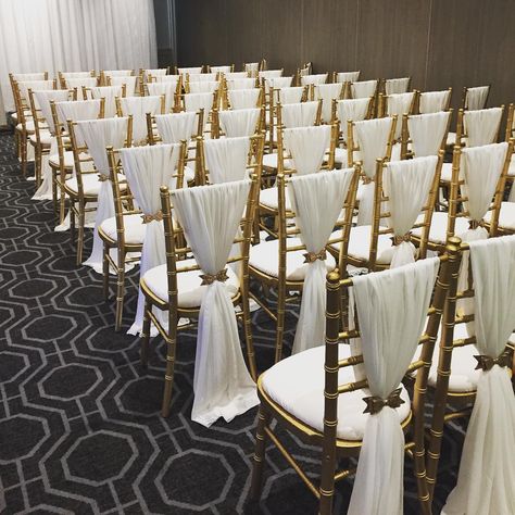 Sashes On Chiavari Chairs, Gold Chivari Chairs Wedding Ceremony, Wedding Hall Chairs, Brown And White Wedding Decor, Chivari Chair Decor Wedding, Bows On Chairs Wedding, Wedding Chair Design, Gold Chiavari Chairs Wedding, Gold Chivari Chair