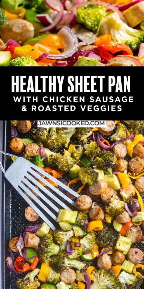 The super simple and customizable Healthy Sheet Pan Dinner with Chicken Sausage and Roasted Veggies is a weeknight dinner staple! Chicken Sausage Veggie Sheet Pan, Chicken Sausage Sheet Pan Recipes, Sheet Pan Chicken And Sausage, Chicken Sausage With Veggies, Chicken Sausage Casserole Recipes, Veggie Sheet Pan Dinners, Sheetpan Sausage And Veggies, Roasted Sheet Pan Veggies, Sheet Pan Veggies And Sausage