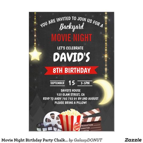 Movie Night Birthday Party Chalkboard Invitation Cinema Party Invitations, Backyard Movie Night Party, Outdoor Movie Party, Movie Night Birthday, Night Birthday Party, Movie Night Birthday Party, Movie Birthday Party, Chalkboard Invitation, Backyard Movie Nights