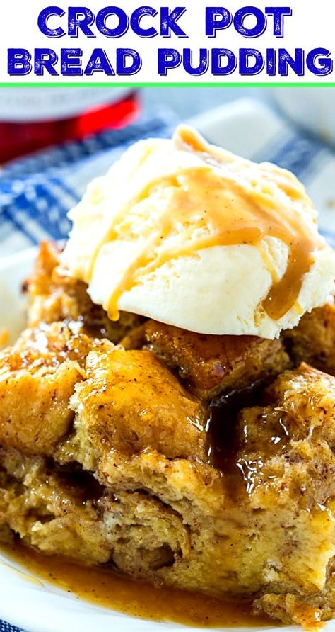 Crock Pot Bread Pudding with Buttered Rum Sauce Crock Pot Bread Pudding Recipe, Crockpot Bread Pudding, 1950 Recipes, Bread Pudding Crock Pot, Crock Pot Bread Pudding, Bread Pudding With Rum Sauce, Slow Cooker Bread Pudding, Easy Bread Pudding Recipe, Bourbon Bread Pudding