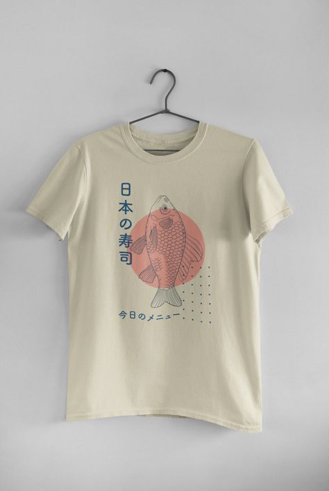 Japanese Fish T-Shirt – Kofuku Art Studio Cheap Watercolor Print Graphic Tee, Japanese Shirts Women, Cheap Graphic Tee With Watercolor Print, Retro Character, Graphic Shirt Design, Japanese Fish, Japanese Shirt, Shirt Logo Design, Japanese Tshirt