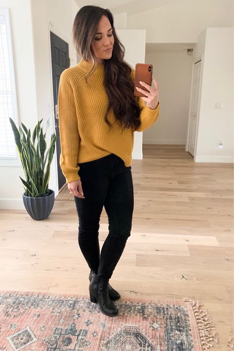 Sweater weather is here and I’m obsessed with this mustard asos pullover.  Wearing size large / runs slightly small. Mustard Jersey Outfits Winter, Mustard Color Sweater Outfits, Yellow And Black Outfits For Women, Mustard And Black Outfit, Mustard Sweater Outfit Fall, Yellow Mustard Outfit, Yellow Turtleneck Outfit, Mustard Yellow Sweater Outfit, Mustard Sweater Outfit