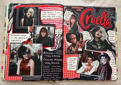 Fashion Journals Ideas, Fashion Journals Aesthetic, Character Scrapbook Ideas, Celebrity Crush Scrapbook, Film Collage Aesthetic, Cruella Journal, Movie Journal Cover, Magazine Spread Design Creative, Movie Journal Aesthetic