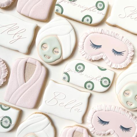 Pajama Party Cookies Decorated, Spa Cookies Ideas, Slumber Party Cookies Decorated, Spa Day Cookies Decorated, Spa Birthday Cookies, Spa Day Cookies, Esthetician Cookies, Spa Cookies Decorated, Spa Party Cookies