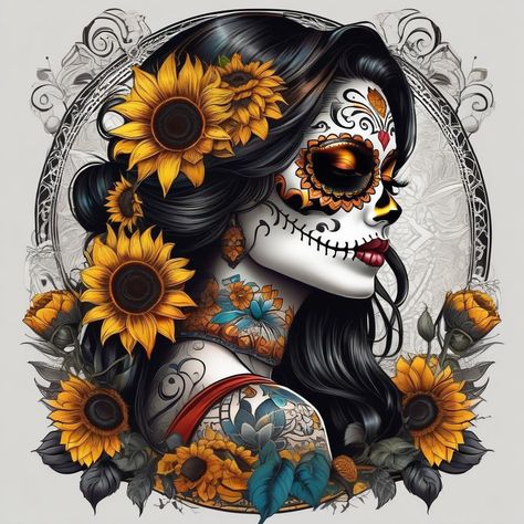 Skull Candy Tattoos For Women, Sugar Skulls Drawing, Mexican Sugar Skull Art Beautiful, Sugar Skull Girl Drawing, Mexican Clipart, Mexican Skull Art, Candy Skull Tattoo, Female Skull, Sugar Skull Drawing