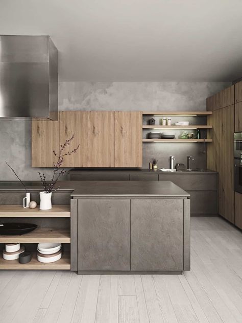 grey and wooden modern kitchen - Trendir Modern Konyhatervezés, Natural Wood Kitchen, Серая Кухня, Wood Interior Design, Modern Kitchen Interiors, Kitchen Design Trends, Decor Themes, Grey Kitchens, Kitchen Wallpaper