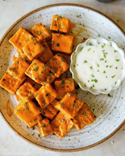 Easy Air Fryer Buffalo Tofu - Plantifully Based Tofu Air Fryer, Tofu Meals, Soy Free Tofu, Buffalo Tofu, Fried Recipes, One Pan Meal, Pan Sauce, Traditional Italian Dishes, Vegan Tofu