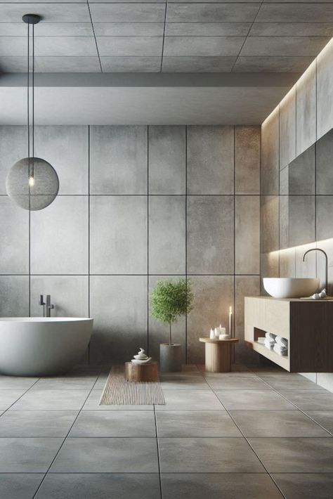 Achieve an industrial chic look with these large-format porcelain tiles. The concrete aesthetic brings urban sophistication to your space. #ConcreteTiles #IndustrialChic Concrete Look Tiles, Concrete Aesthetic, Tiled Bathroom, Tiles Ideas, Concrete Look Tile, Urban Sophistication, Concrete Tiles, Bathroom Tiles, Porcelain Tiles