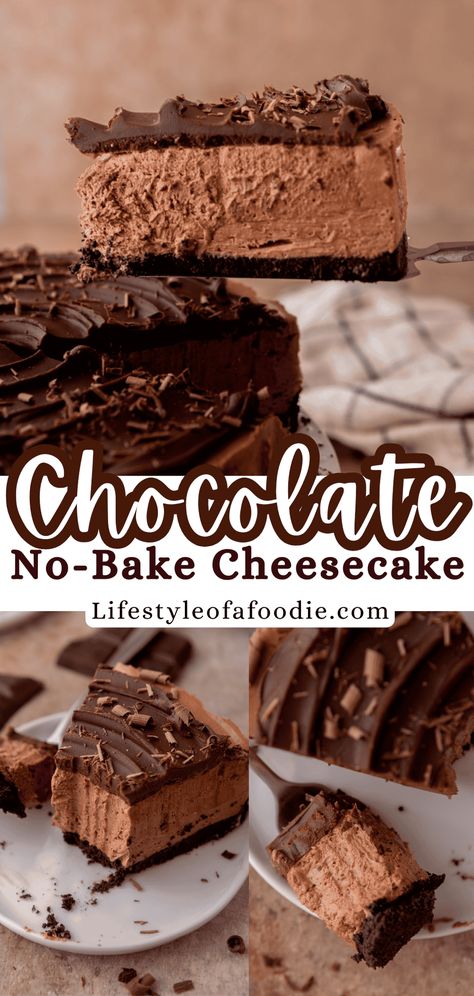 This no bake chocolate cheesecake recipe is the perfect dessert for when you want something rich and creamy with rich chocolate flavor. No Bake Cheesecake Flavors, Easy Chocolate Cheesecake, Dark Chocolate Cheesecake, Chocolate Cheesecake Recipe, Lifestyle Of A Foodie, No Bake Chocolate Cheesecake, 3 Ingredient Desserts, Easy No Bake Cheesecake, Chocolate Dishes