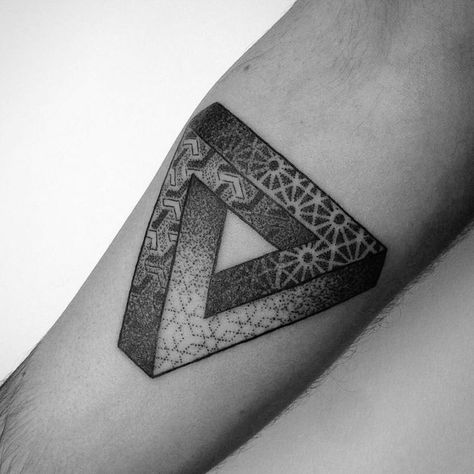 Penrose Tattoo, Penrose Triangle Tattoo, Infinity Triangle, Square Tattoo, Penrose Triangle, Small Back Tattoos, Optical Illusion Tattoos, Illusion Tattoos, Black Tattoo Cover Up