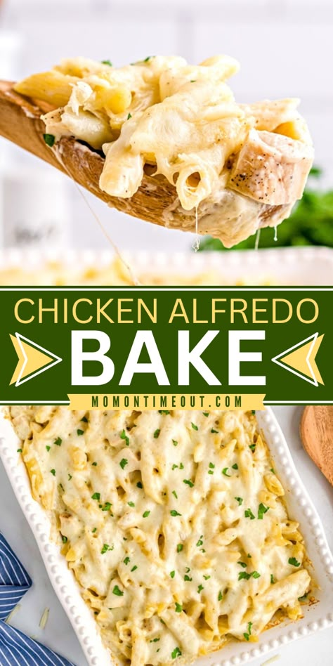 This Chicken Alfredo Bake is a mouth-watering and yummy comfort food made with homemade Alfredo sauce, savory chicken, and pasta. You have to try this hearty dinner recipe! Lazy Chicken Alfredo, Chicken Alfredo With Bowtie Pasta, Rotisserie Chicken Alfredo Bake, Baked Chicken Fettuccine Alfredo Recipe, Chicken Alfredo Pasta With Jar Sauce, Baked Chicken Fettuccine Alfredo, Chicken Fettuccine Alfredo Bake, Baked Chicken Healthy, Soups And Stews Crockpot