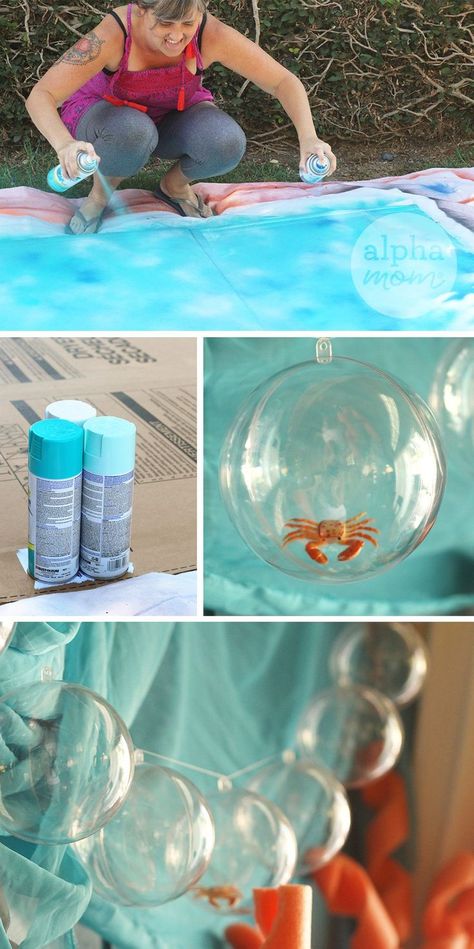 DIY Mermaid Party Decor and Tablescape idea (how-to) by Brenda Ponnay for Alphamom.com Bubbles Party Decorations, Diy Mermaid Backdrop, Pisces Party, Diy Mermaid Decor, Diy Mermaid Party, Bubble Birthday Party, Diy Mermaid Birthday Party, Little Mermaid Decorations, Mermaid Party Decor