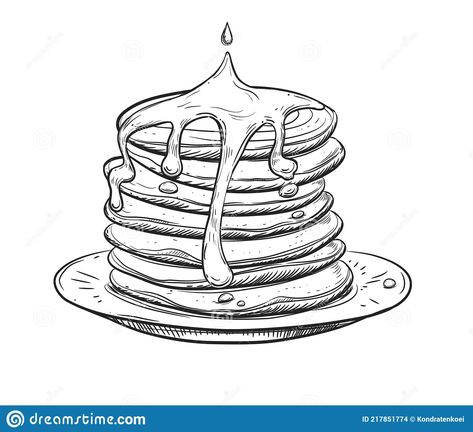 Pancake Doodle Drawing, Pancake Sketch, White Dinner Table, Pancake Drawing, Cake Sketch, Food Morning, Sketch Black And White, Illustration Elements, Graphic Style