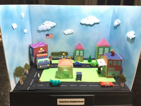 Social study project: Suburban Community Diorama Community Project Ideas, Diorama Kids, Cells Project, Social Studies Projects, Diorama Ideas, Cardboard Box Crafts, Social Studies Classroom, Geometric Art Prints, Art Activities